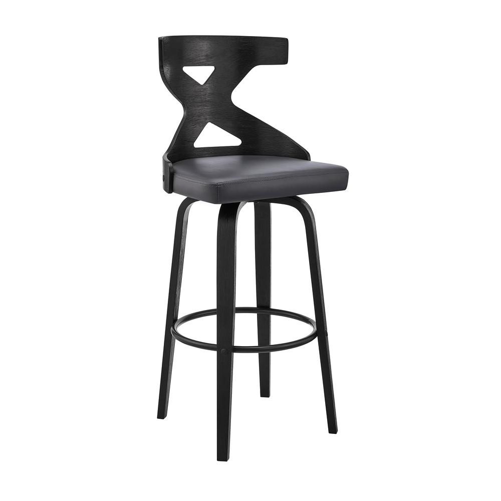 Gayle 26" Swivel Cross Back Grey Faux Leather and Black Wood Bar Stool. Picture 1