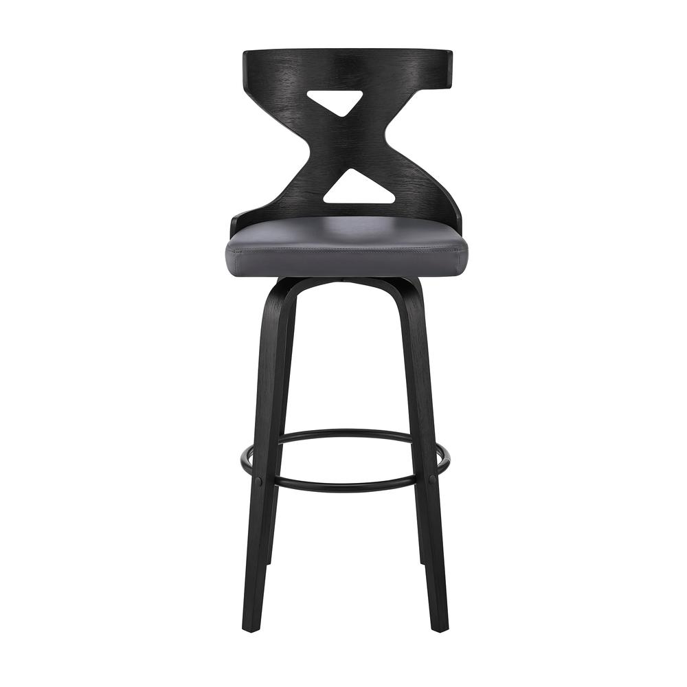 Gayle 26" Swivel Cross Back Grey Faux Leather and Black Wood Bar Stool. Picture 2
