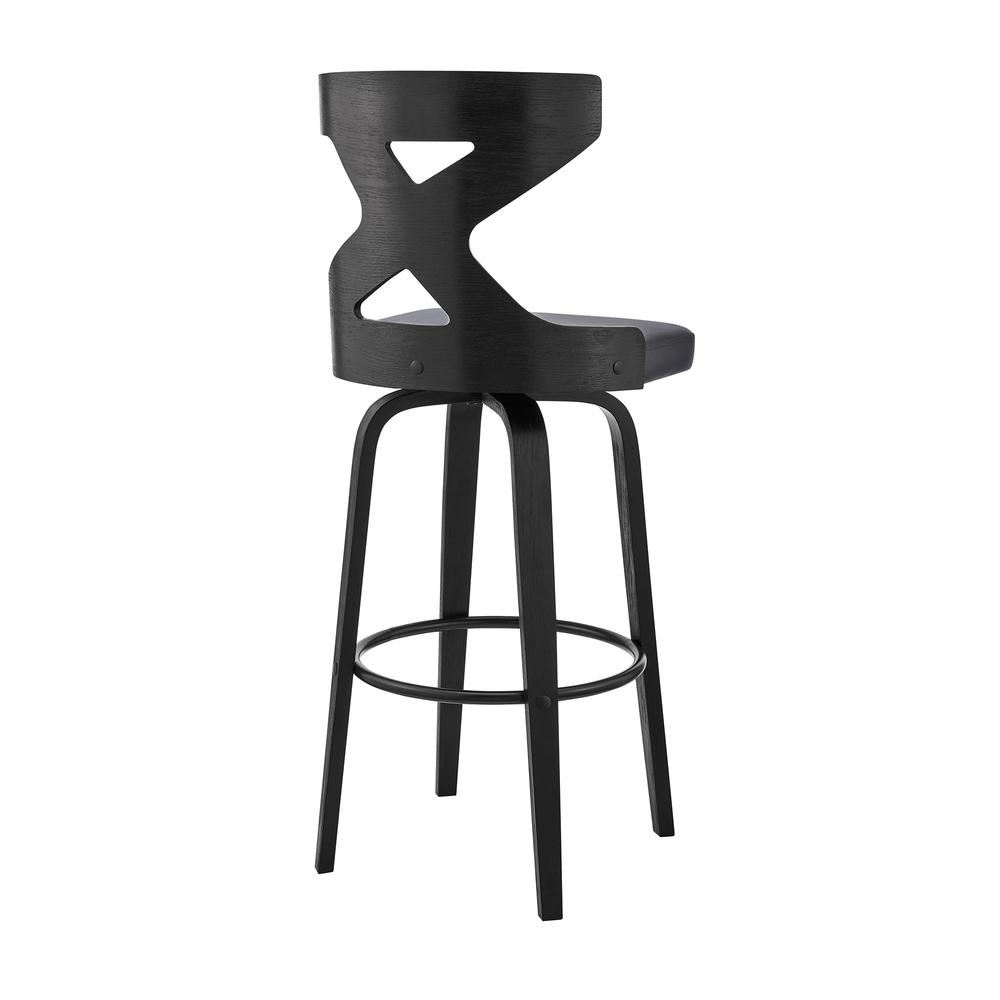 Gayle 26" Swivel Cross Back Grey Faux Leather and Black Wood Bar Stool. Picture 4