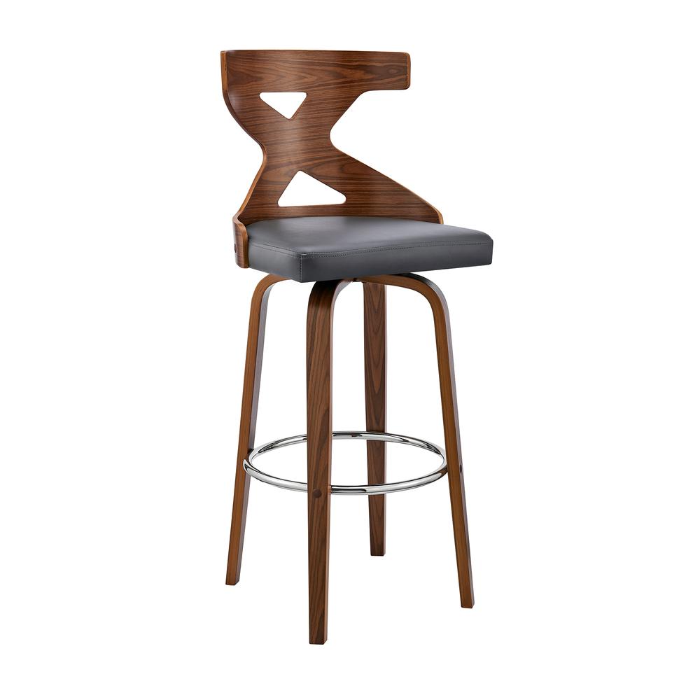 Gayle 26" Swivel Cross Back Grey Faux Leather and Walnut Wood Bar Stool. Picture 1