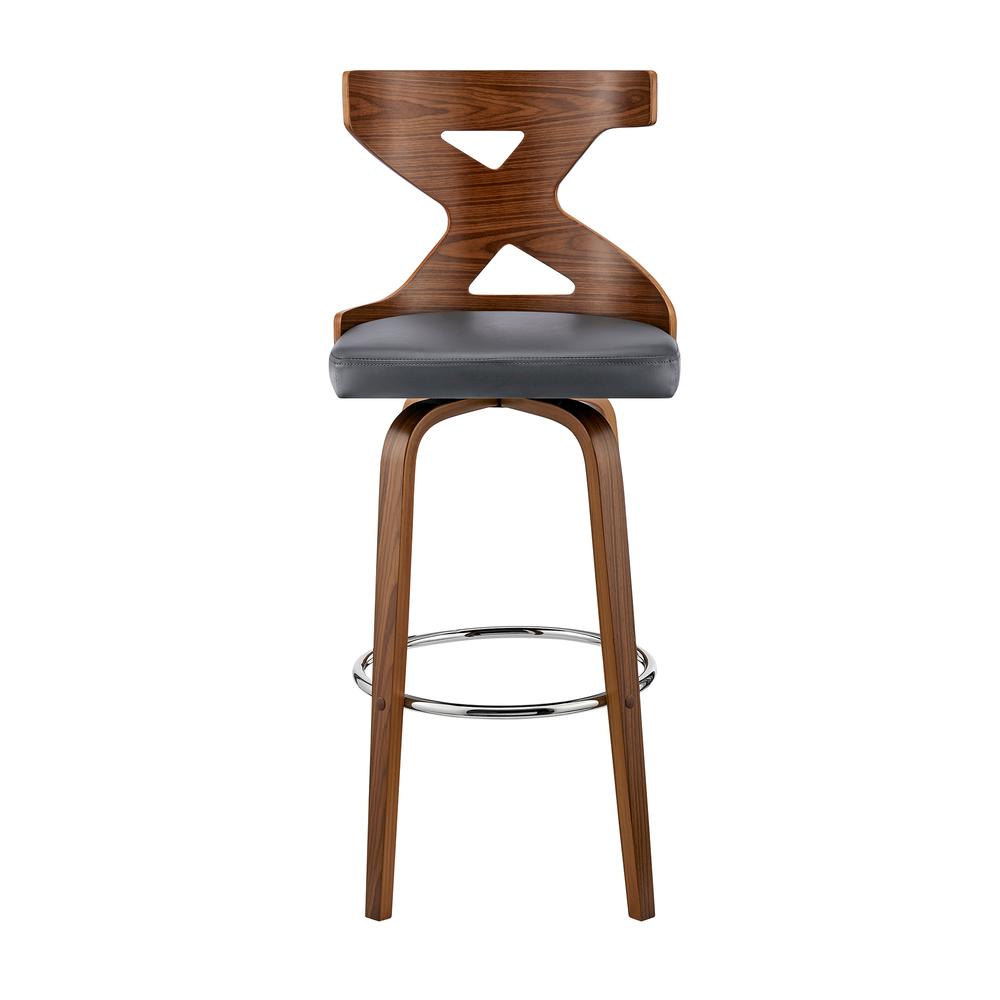 Gayle 26" Swivel Cross Back Grey Faux Leather and Walnut Wood Bar Stool. Picture 2