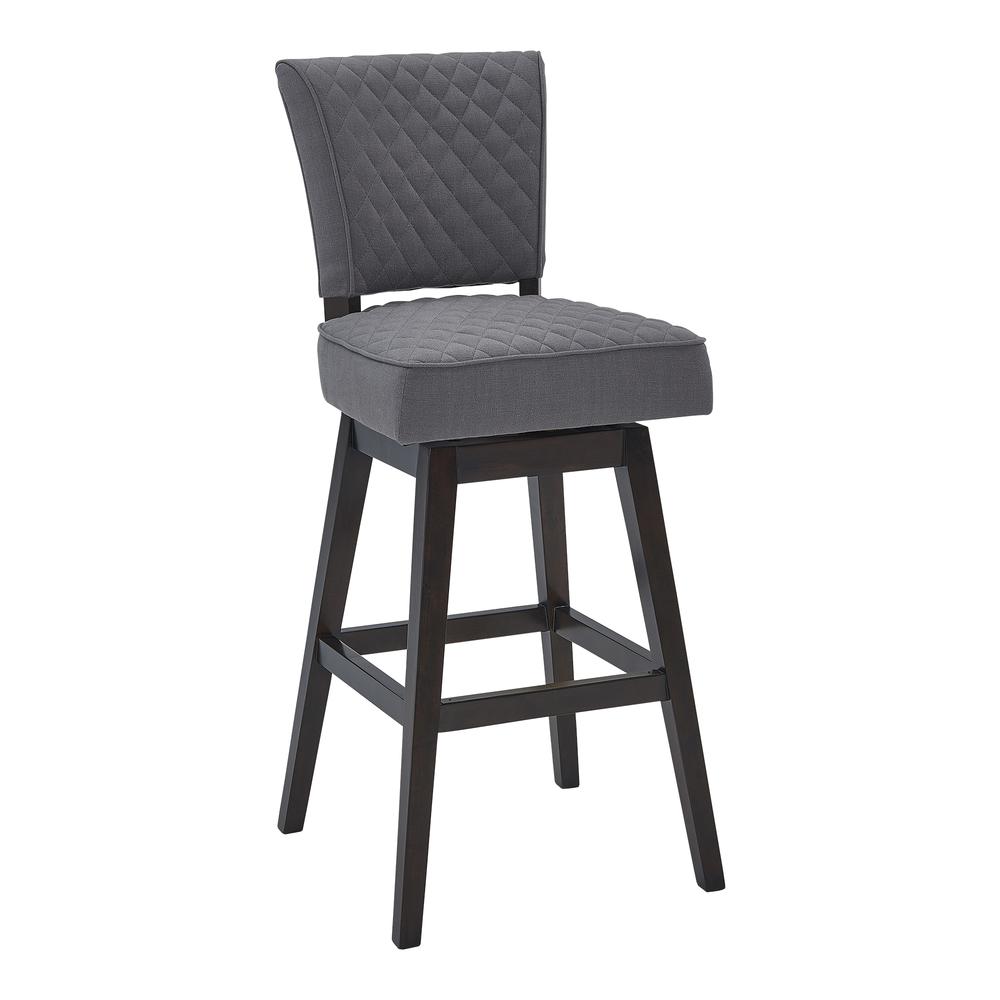30" Bar Height Wood Swivel Tufted Barstool in Espresso Finish - Grey Fabric. Picture 1
