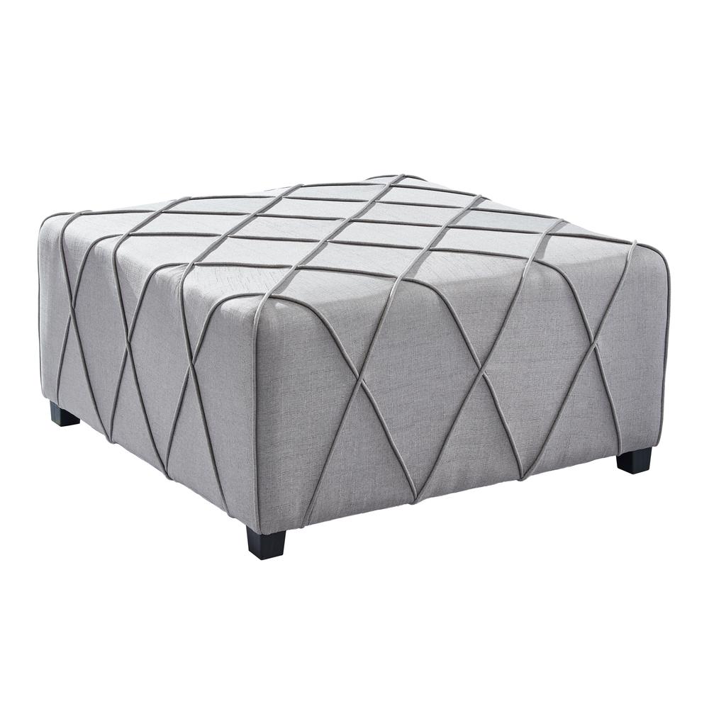Contemporary Ottoman in Silver Linen with Piping Accents and Wood Legs. Picture 1