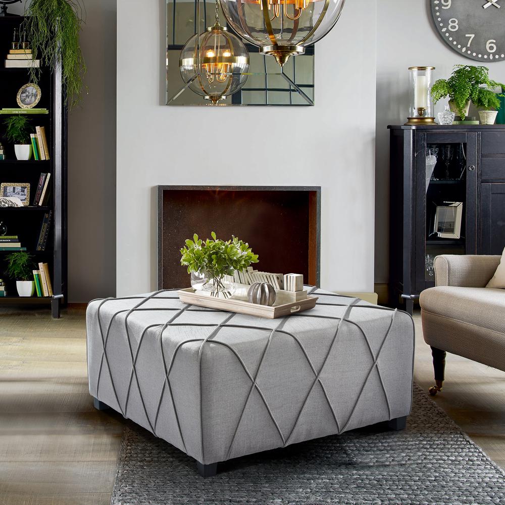 Contemporary Ottoman in Silver Linen with Piping Accents and Wood Legs. Picture 3