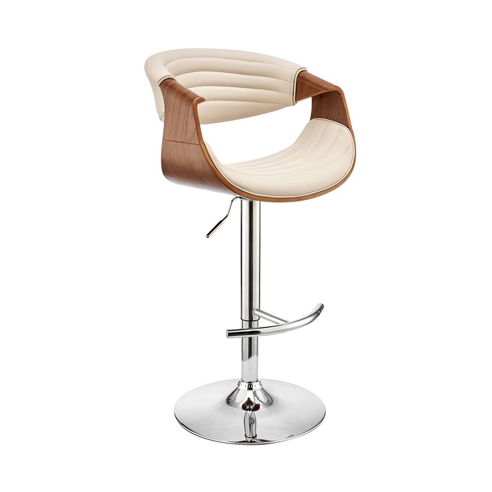 Gionni Adjustable Swivel Cream Faux Leather and Walnut Wood Bar Stool with Chrome Base. Picture 1