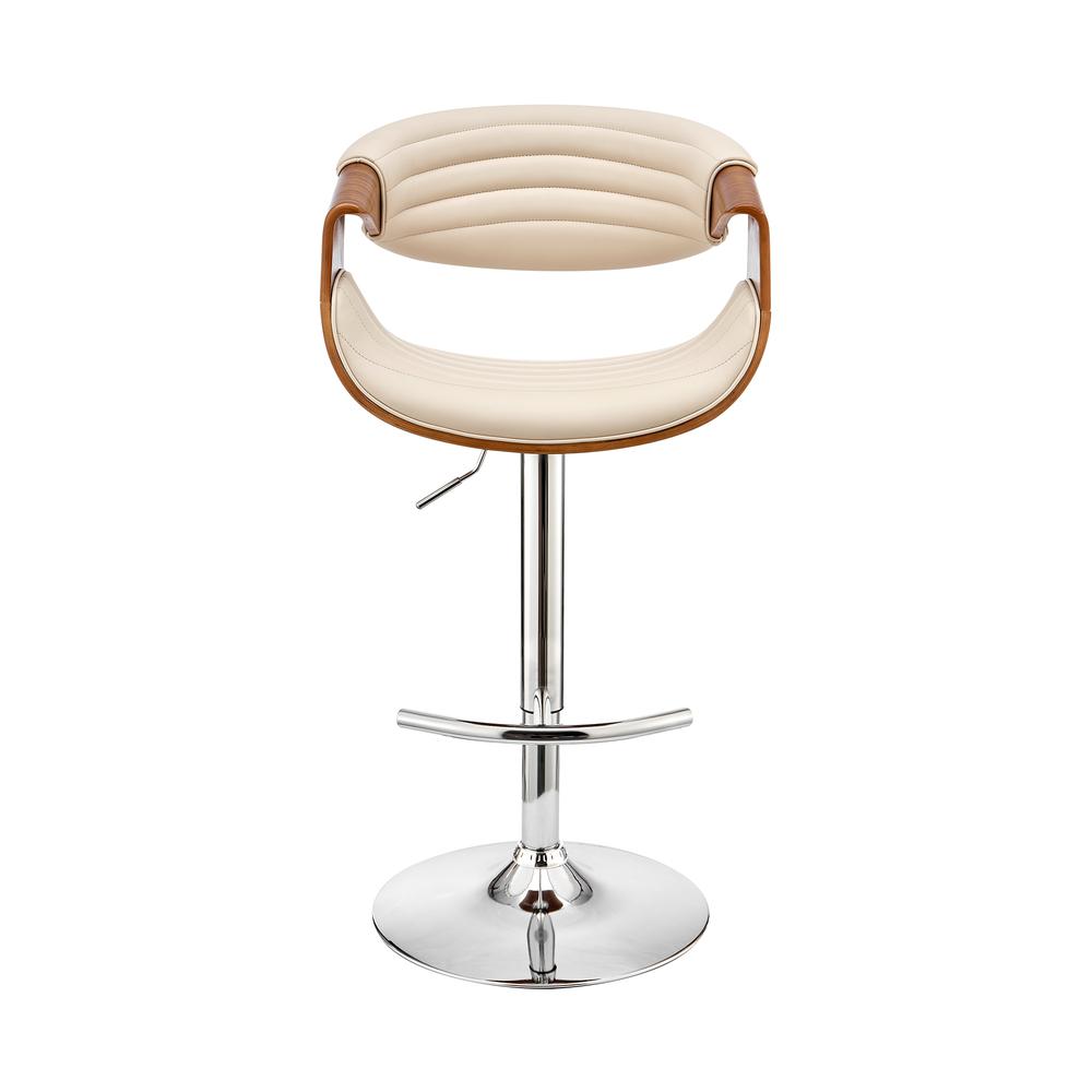 Gionni Adjustable Swivel Cream Faux Leather and Walnut Wood Bar Stool with Chrome Base. Picture 2