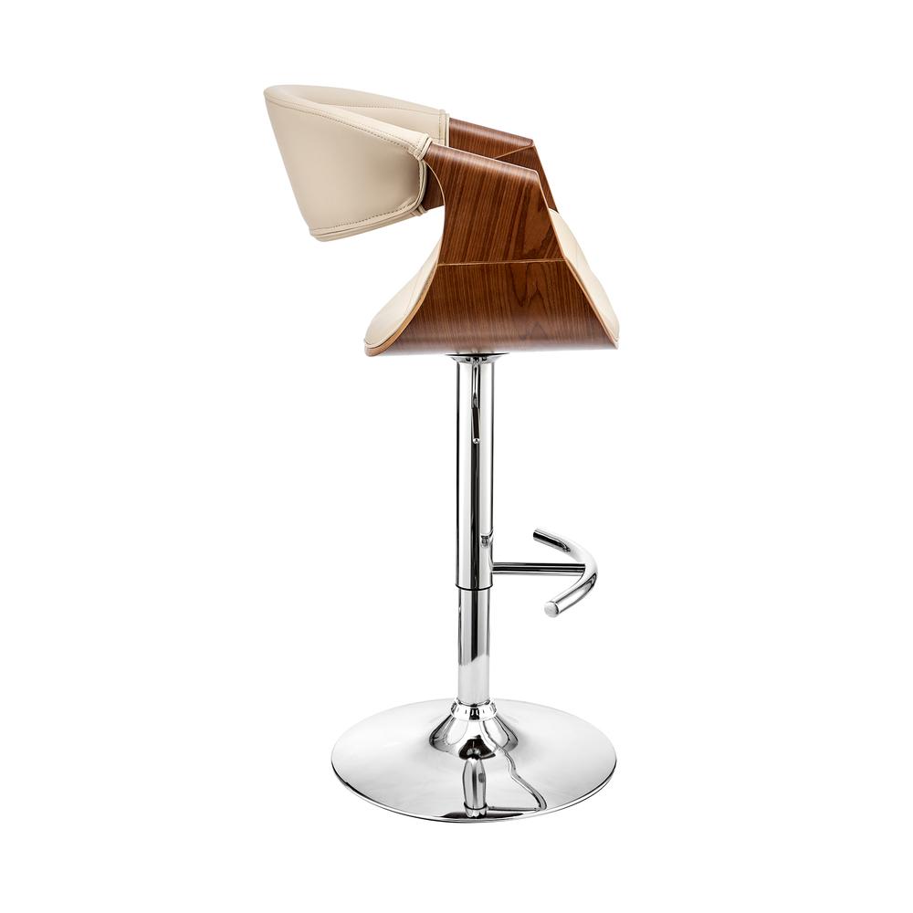 Gionni Adjustable Swivel Cream Faux Leather and Walnut Wood Bar Stool with Chrome Base. Picture 3