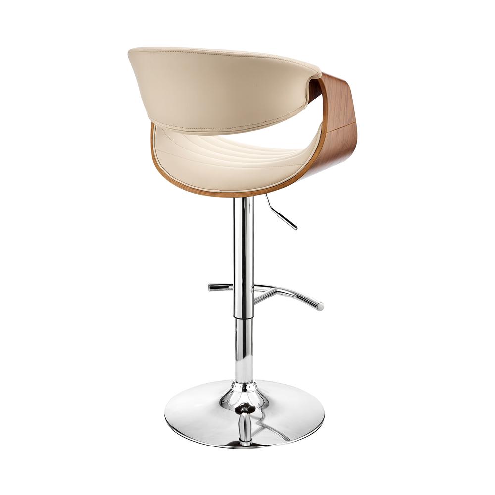 Gionni Adjustable Swivel Cream Faux Leather and Walnut Wood Bar Stool with Chrome Base. Picture 4