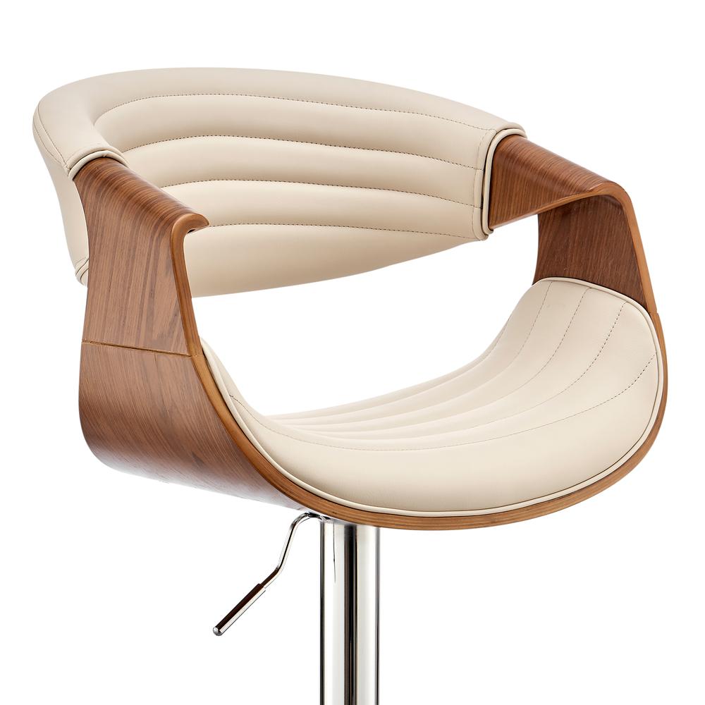 Gionni Adjustable Swivel Cream Faux Leather and Walnut Wood Bar Stool with Chrome Base. Picture 6