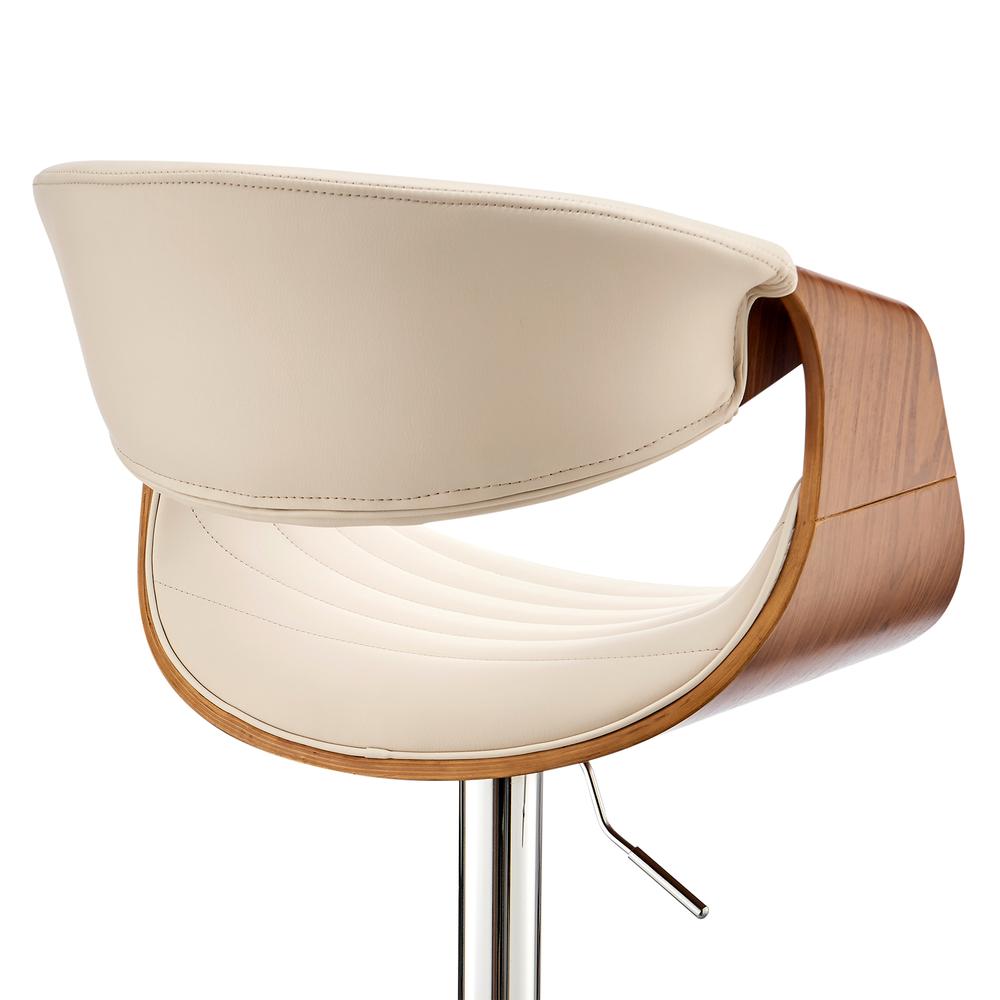 Gionni Adjustable Swivel Cream Faux Leather and Walnut Wood Bar Stool with Chrome Base. Picture 7