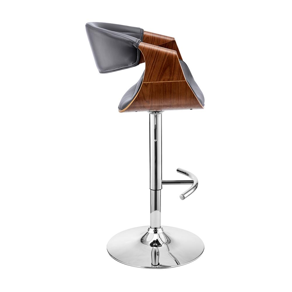 Gionni Adjustable Swivel Grey Faux Leather and Walnut Wood Bar Stool with Chrome Base. Picture 3