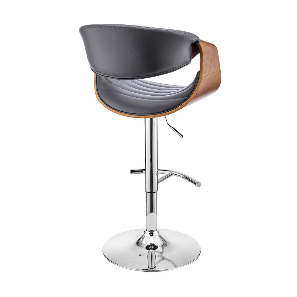 Gionni Adjustable Swivel Grey Faux Leather and Walnut Wood Bar Stool with Chrome Base. Picture 4