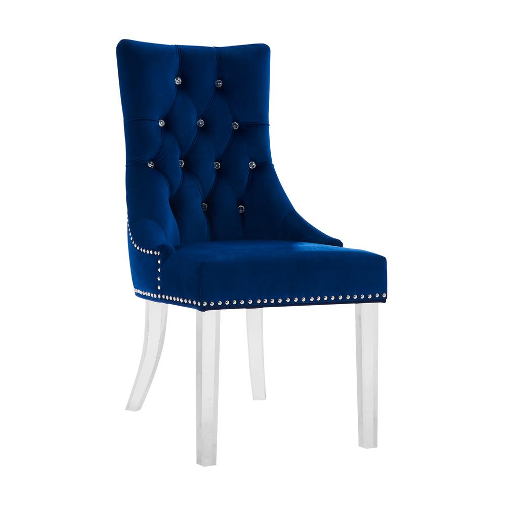 Modern and Contemporary Tufted Dining Chair in Blue Velvet with Acrylic Legs. Picture 1