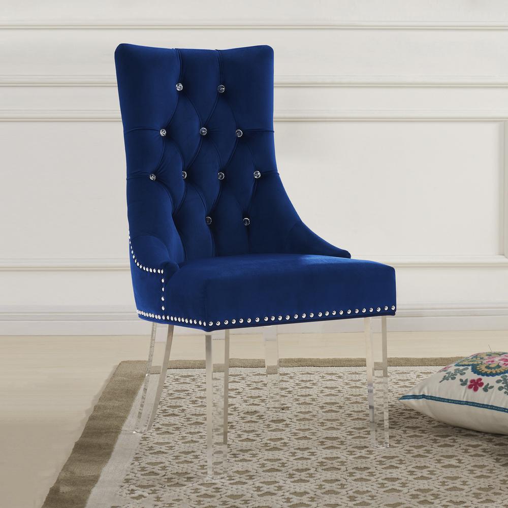 Modern and Contemporary Tufted Dining Chair in Blue Velvet with Acrylic Legs. Picture 3