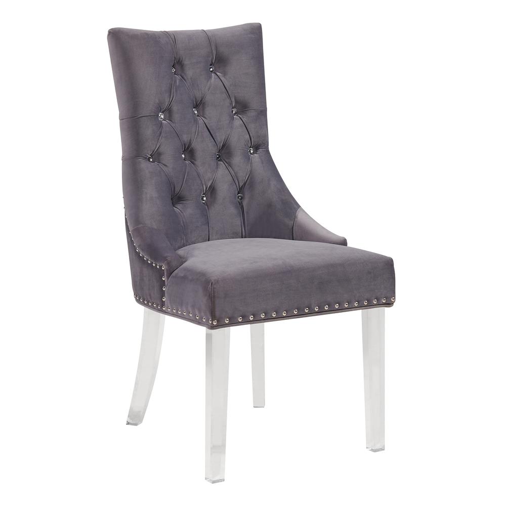 Modern and Contemporary Tufted Dining Chair in Gray Velvet with Acrylic Legs. Picture 1