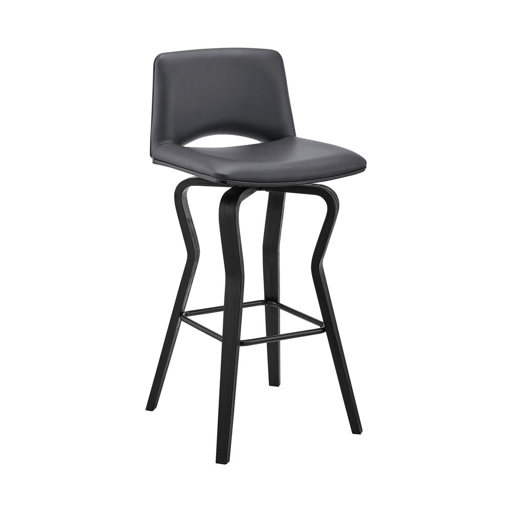 Gerty 30" Swivel Grey Faux Leather and Black Wood Bar Stool. Picture 1