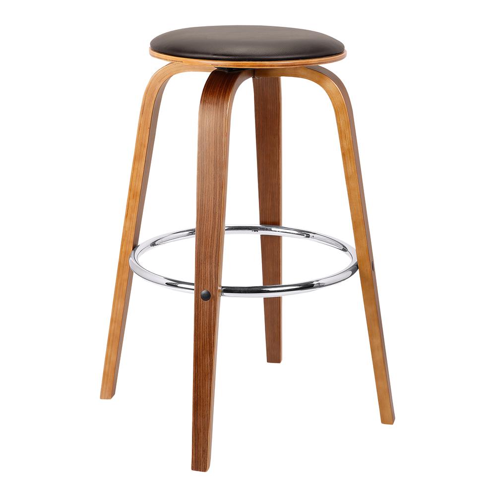 26" Mid-Century Swivel Counter Height Backless Barstool in Brown Faux Leather with Walnut Veneer. Picture 1
