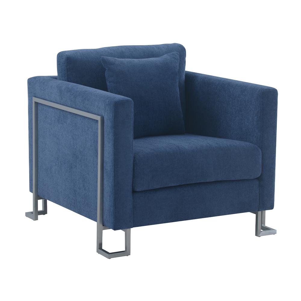 Heritage Blue Fabric Upholstered Accent Chair with Brushed Stainless Steel Legs. Picture 1