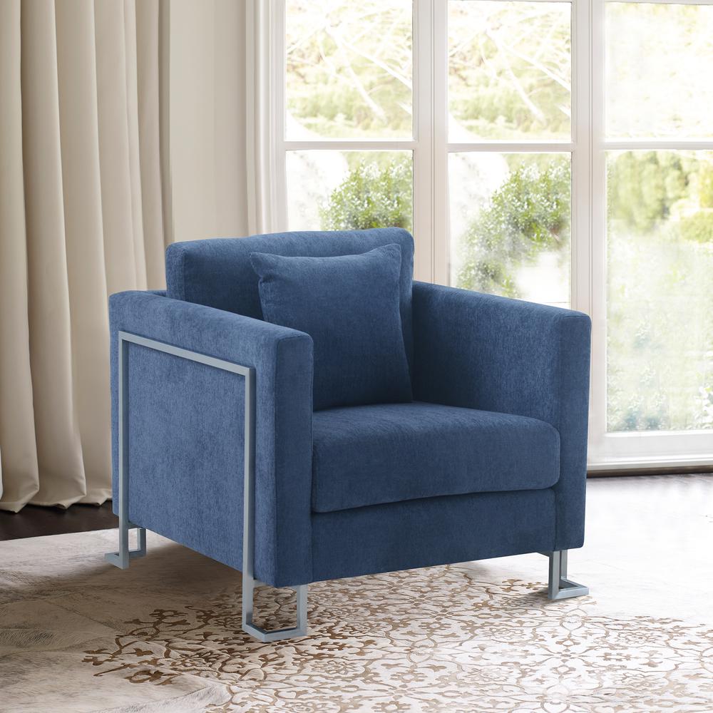 Heritage Blue Fabric Upholstered Accent Chair with Brushed Stainless Steel Legs. Picture 2