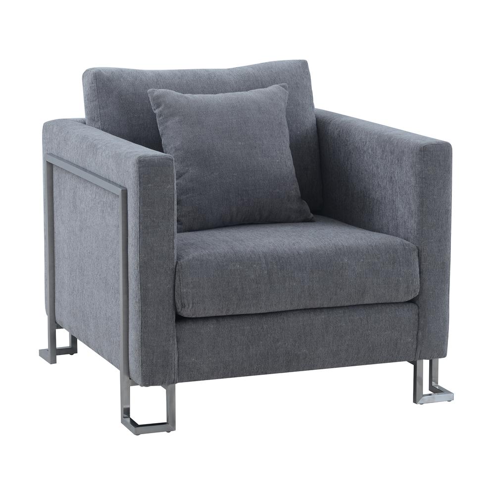 Heritage Gray Fabric Upholstered Accent Chair with Brushed Stainless Steel Legs. Picture 1