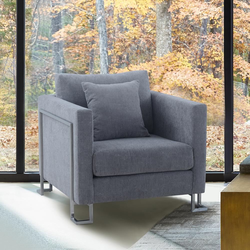 Heritage Gray Fabric Upholstered Accent Chair with Brushed Stainless Steel Legs. Picture 2