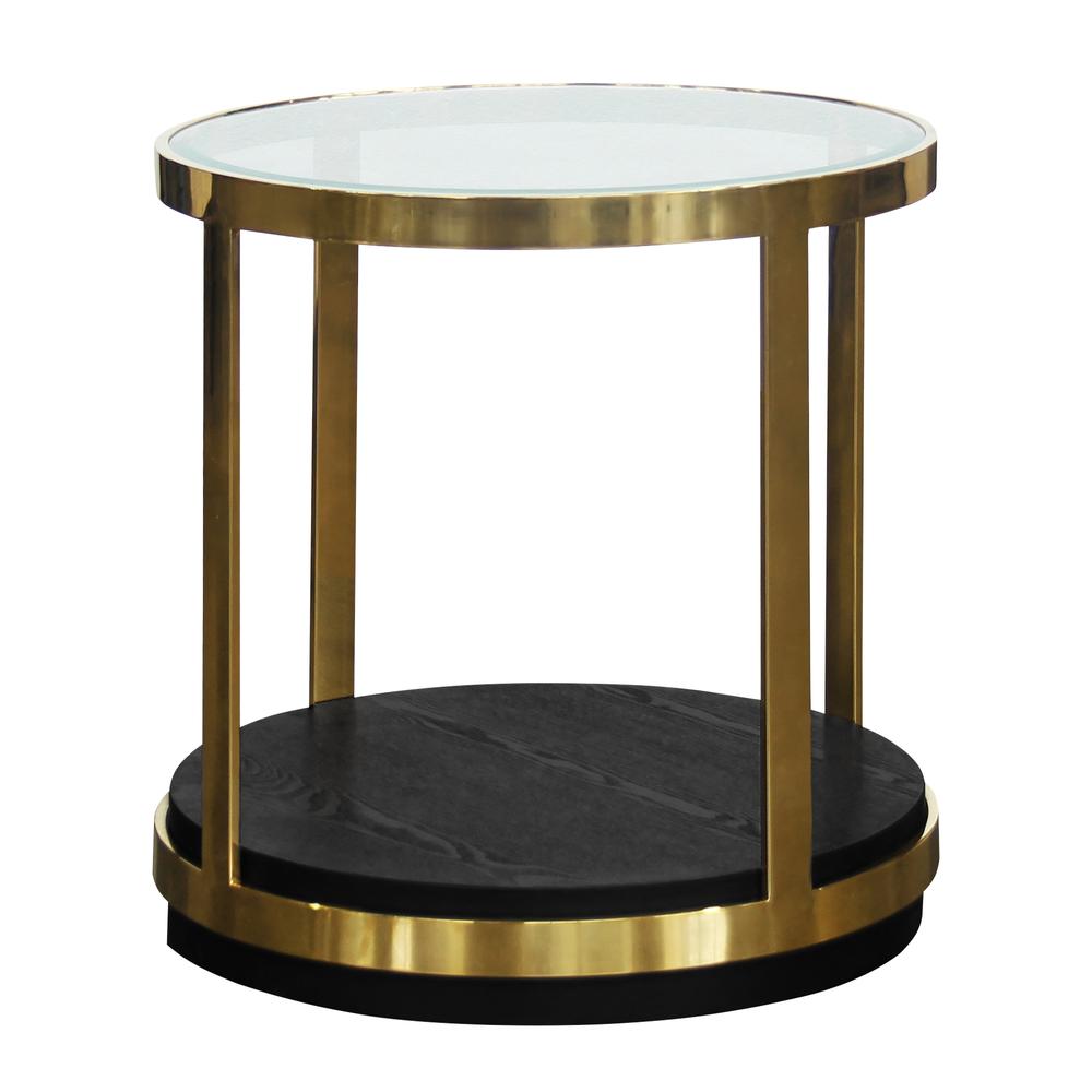 Armen Living Hattie Contemporary End Table in Brushed Gold Finish and Black Wood. Picture 1