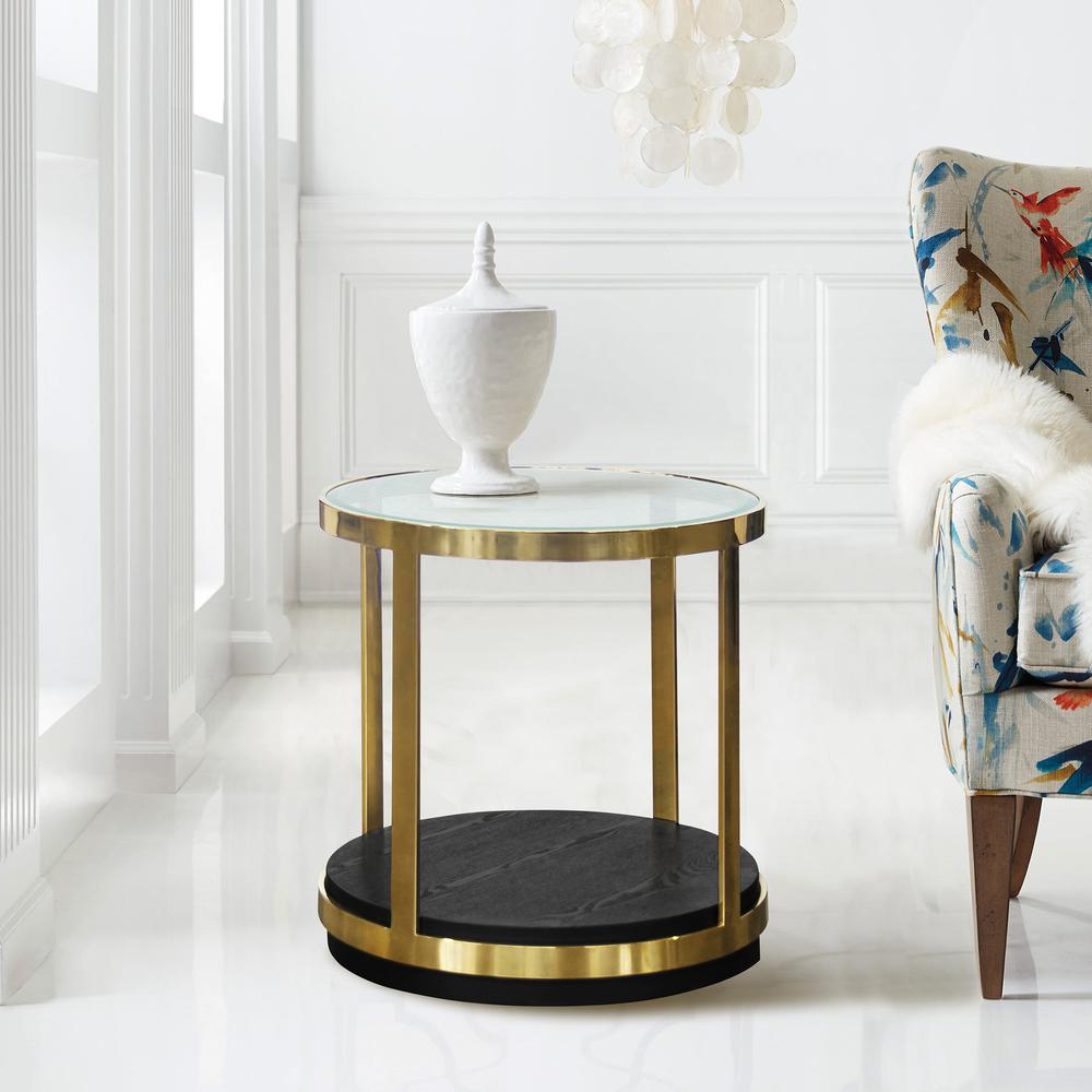 Armen Living Hattie Contemporary End Table in Brushed Gold Finish and Black Wood. Picture 2