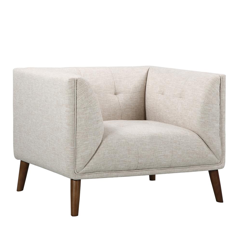 Armen Living Hudson Mid-Century Button-Tufted Chair in Beige Linen and Walnut Legs. Picture 1