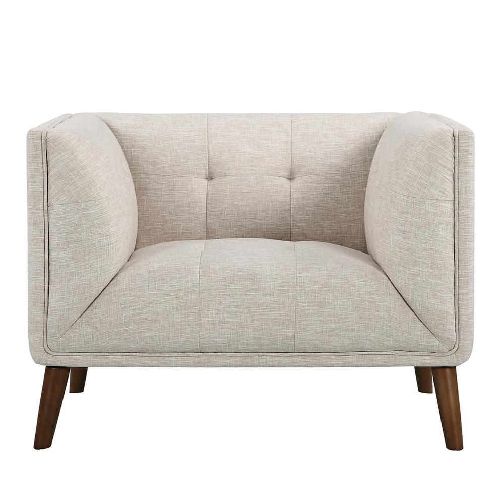 Armen Living Hudson Mid-Century Button-Tufted Chair in Beige Linen and Walnut Legs. Picture 2