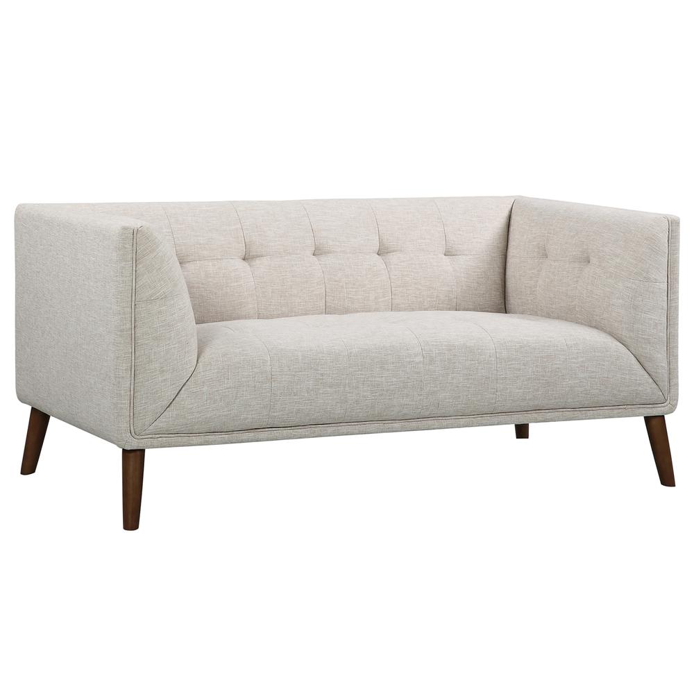 Mid-Century Button-Tufted Loveseat in Beige Linen and Walnut Legs. The main picture.