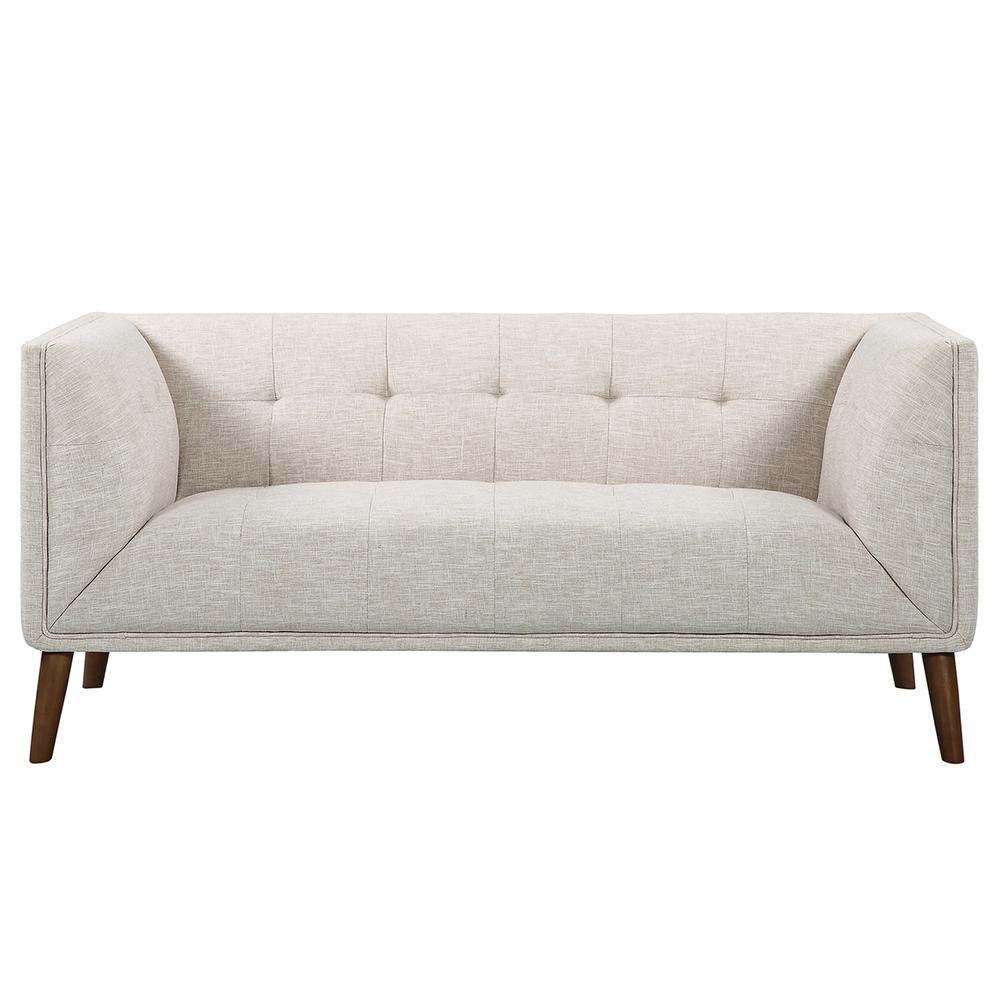 Mid-Century Button-Tufted Loveseat in Beige Linen and Walnut Legs. Picture 2