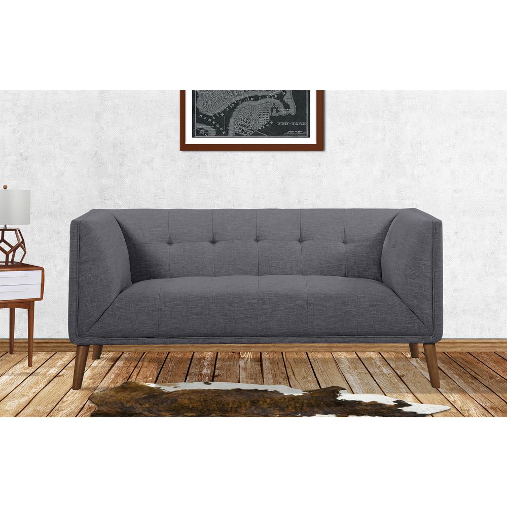 Mid-Century Button-Tufted Loveseat in Dark Gray Linen and Walnut Legs. Picture 6