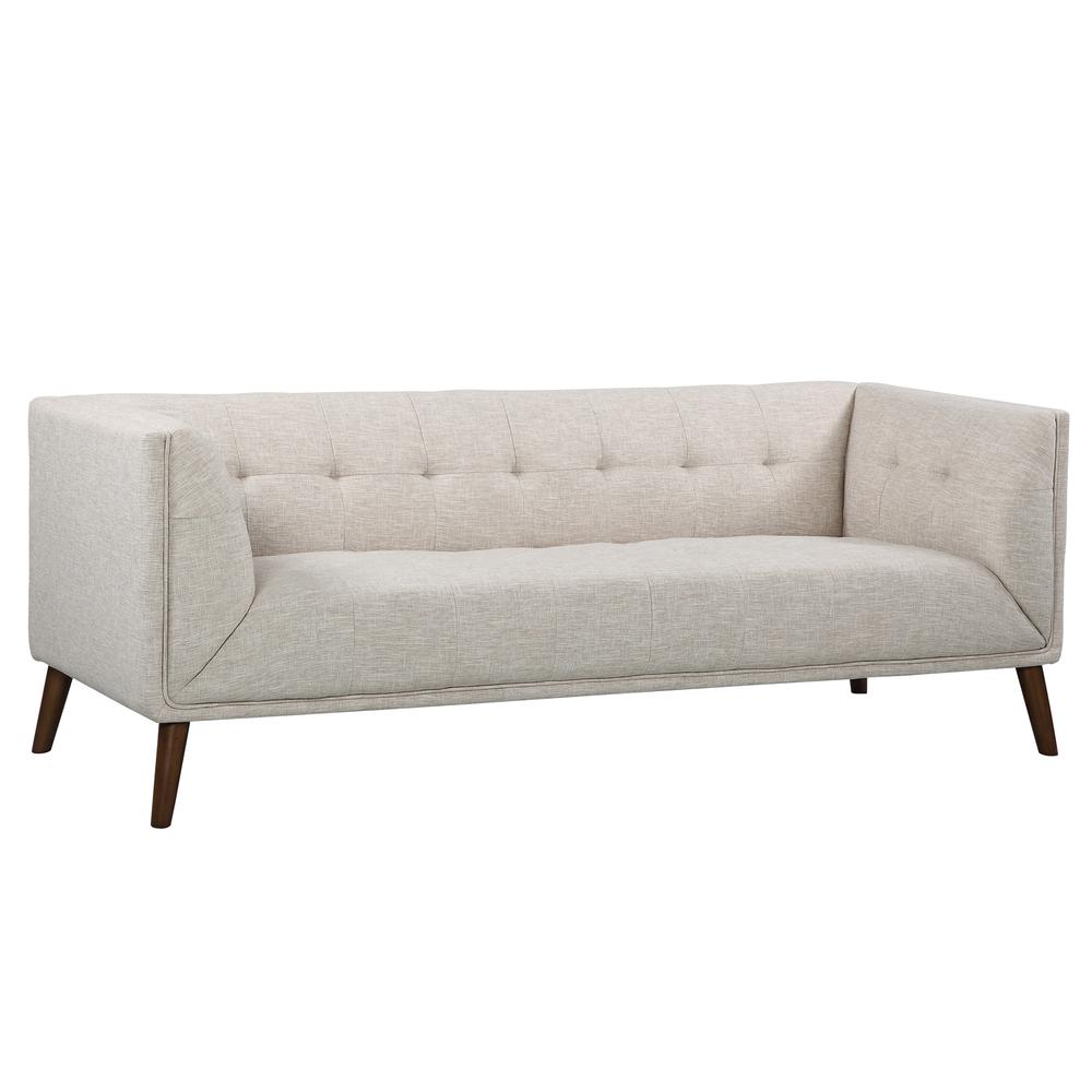 Mid-Century Button-Tufted Sofa in Beige Linen and Walnut Legs. The main picture.
