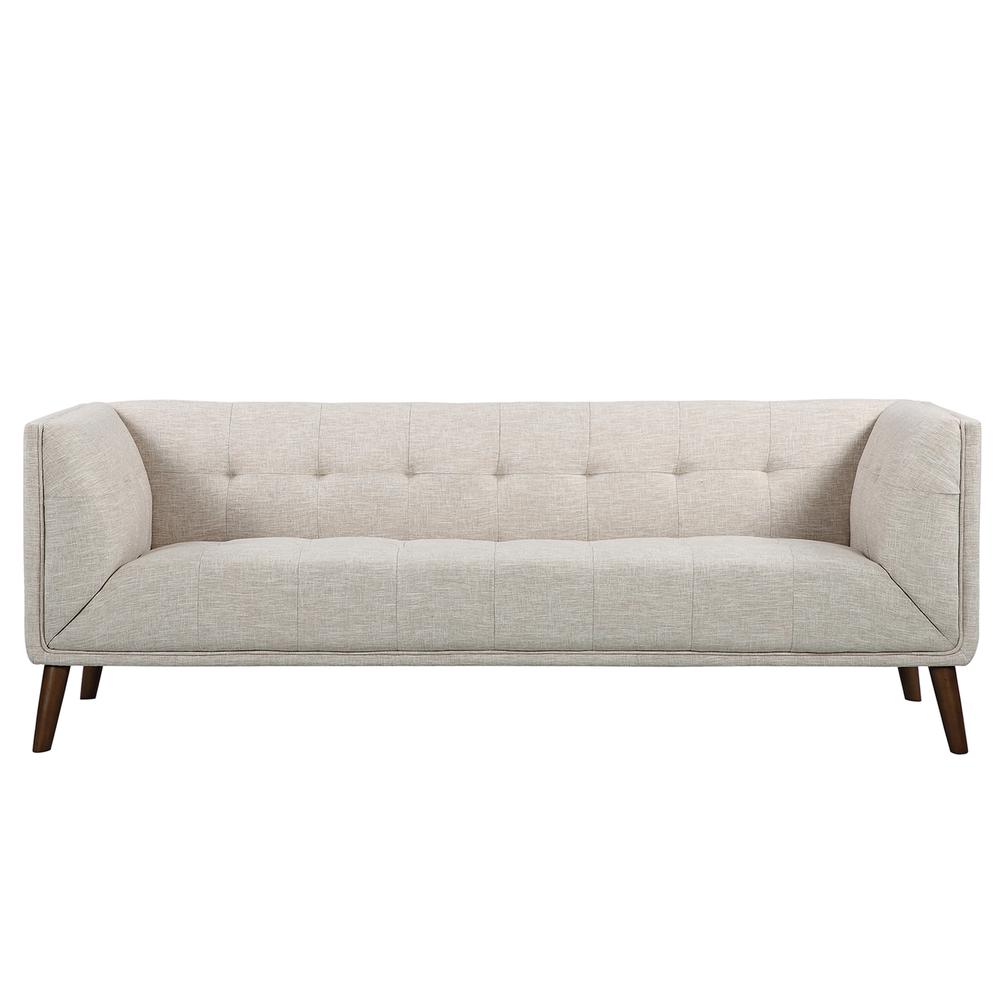 Mid-Century Button-Tufted Sofa in Beige Linen and Walnut Legs. Picture 2