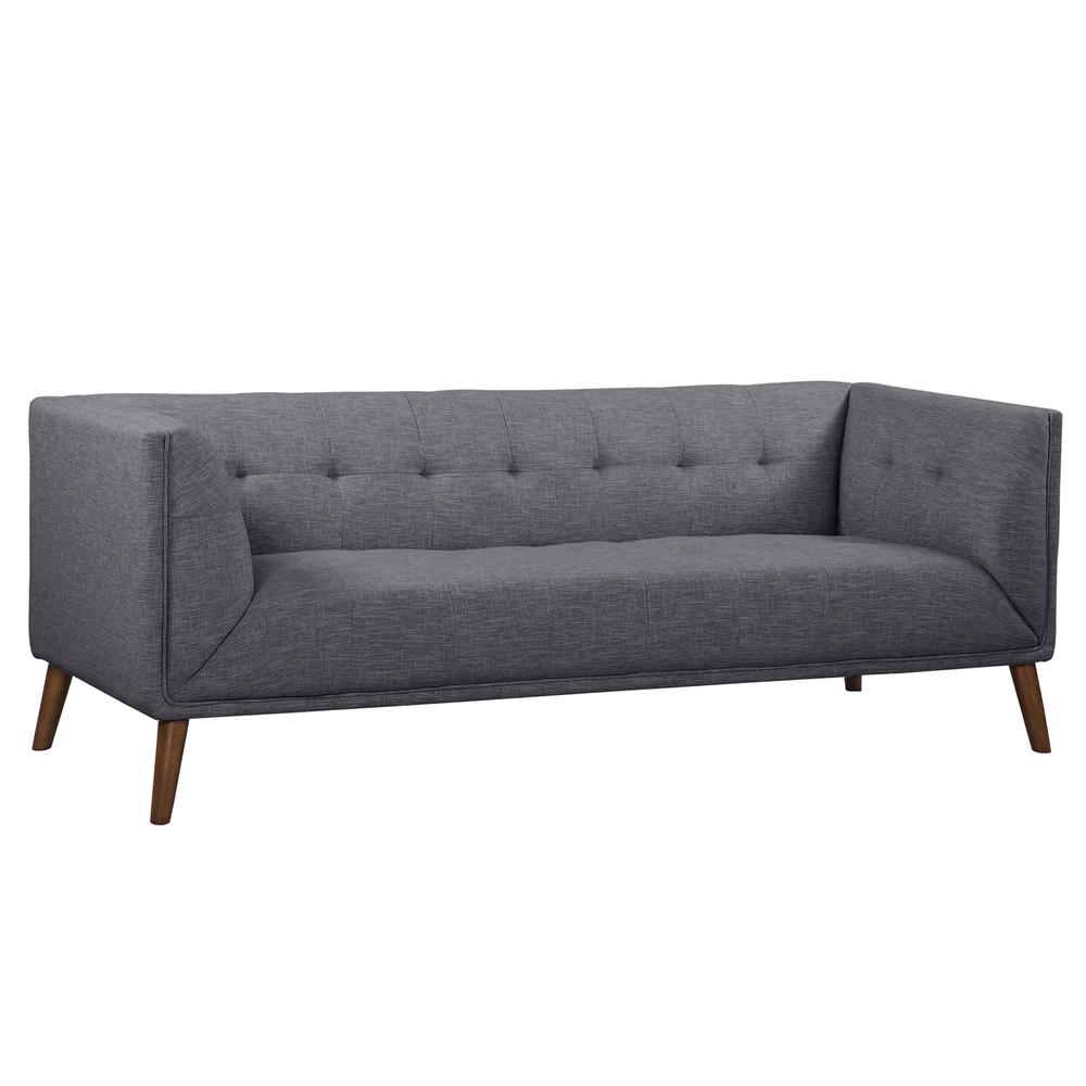 Mid-Century Button-Tufted Sofa in Dark Gray Linen and Walnut Legs. Picture 1