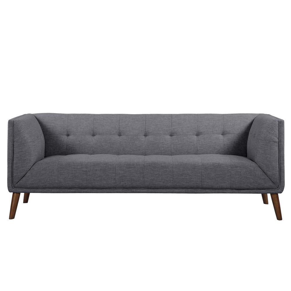 Mid-Century Button-Tufted Sofa in Dark Gray Linen and Walnut Legs. Picture 2