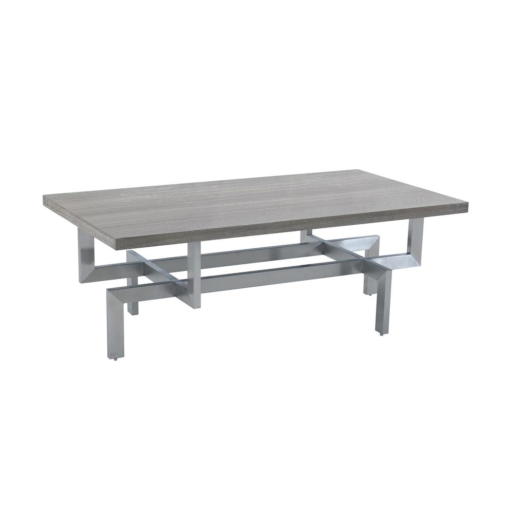 Illusion Gray Wood Coffee Table with Brushed Stainless Steel Base. Picture 1
