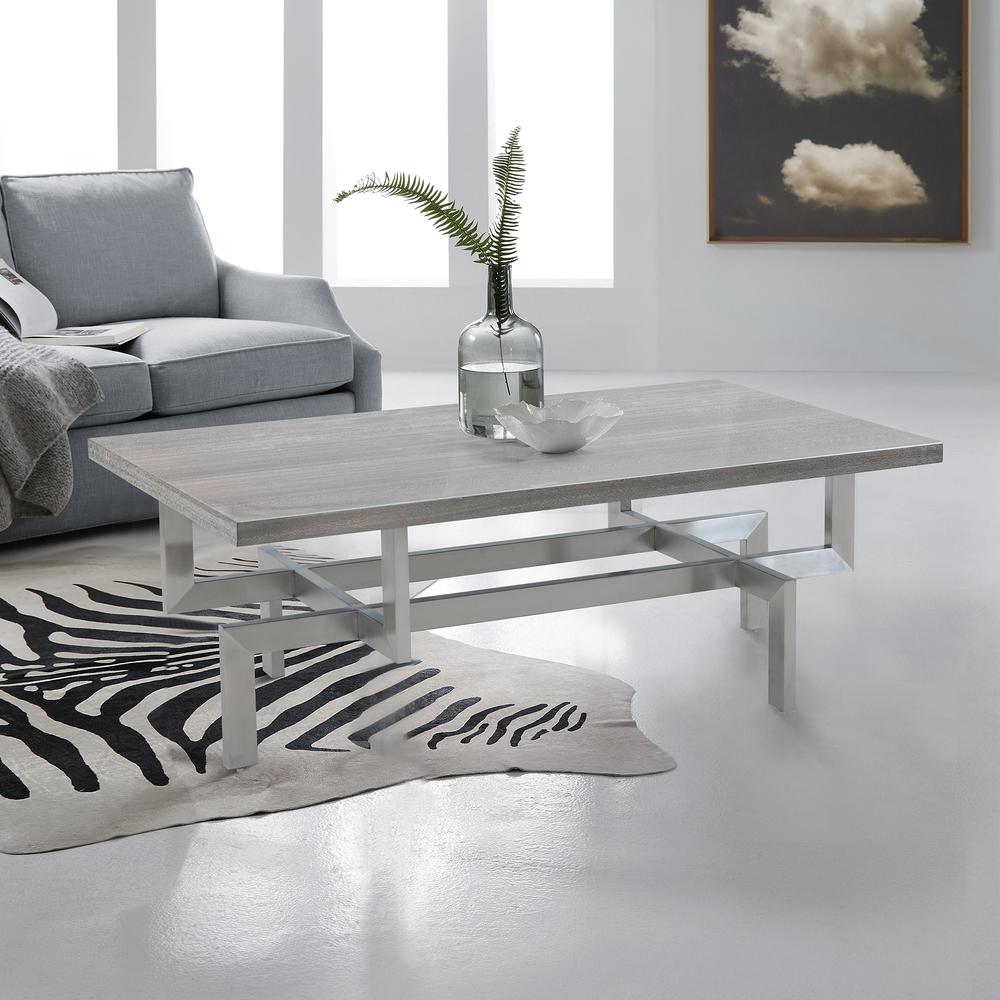 Illusion Gray Wood Coffee Table with Brushed Stainless Steel Base. Picture 2