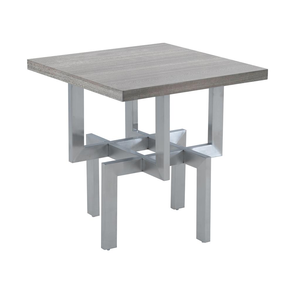 Illusion Gray Wood End Table with Brushed Stainless Steel Base. Picture 1