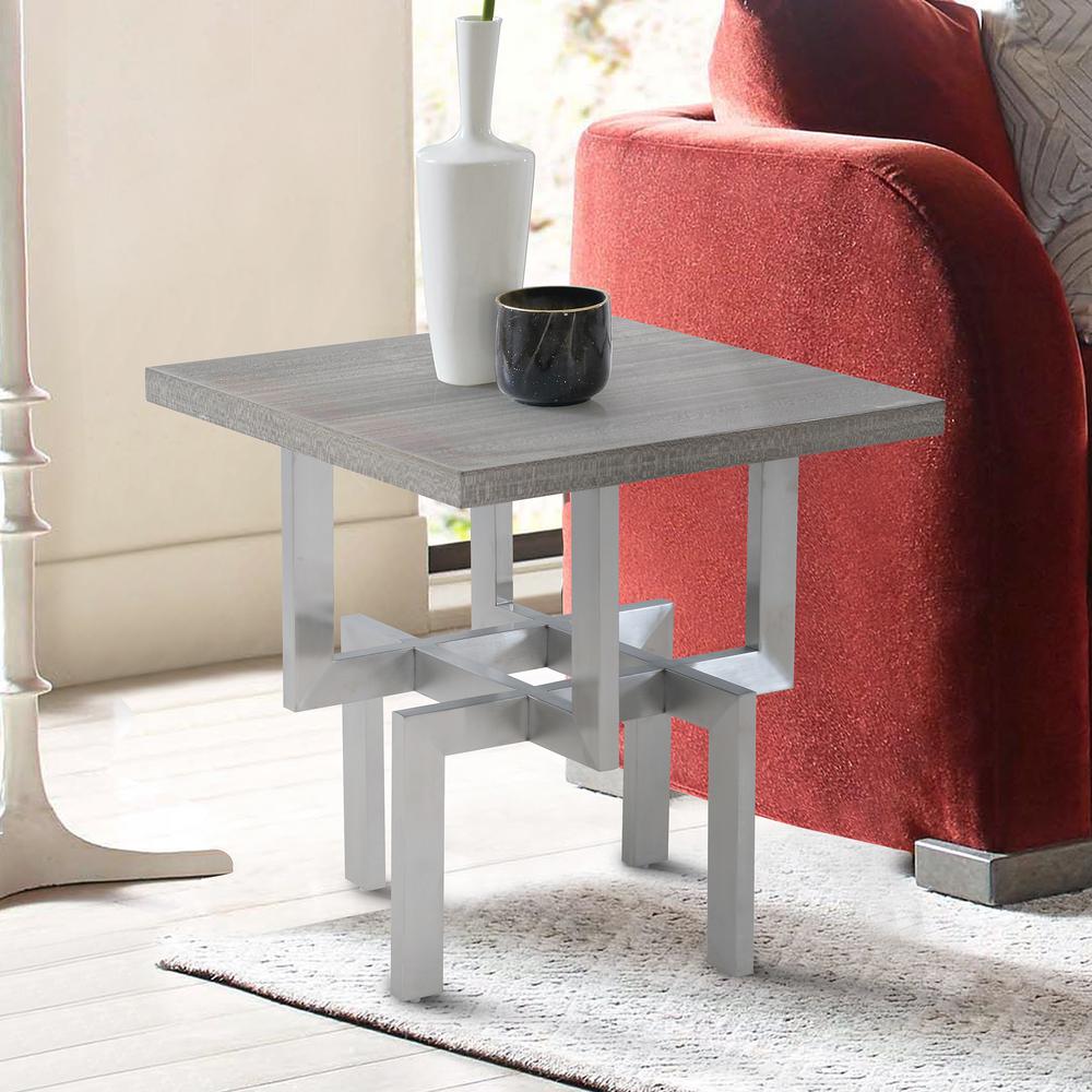 Illusion Gray Wood End Table with Brushed Stainless Steel Base. Picture 2