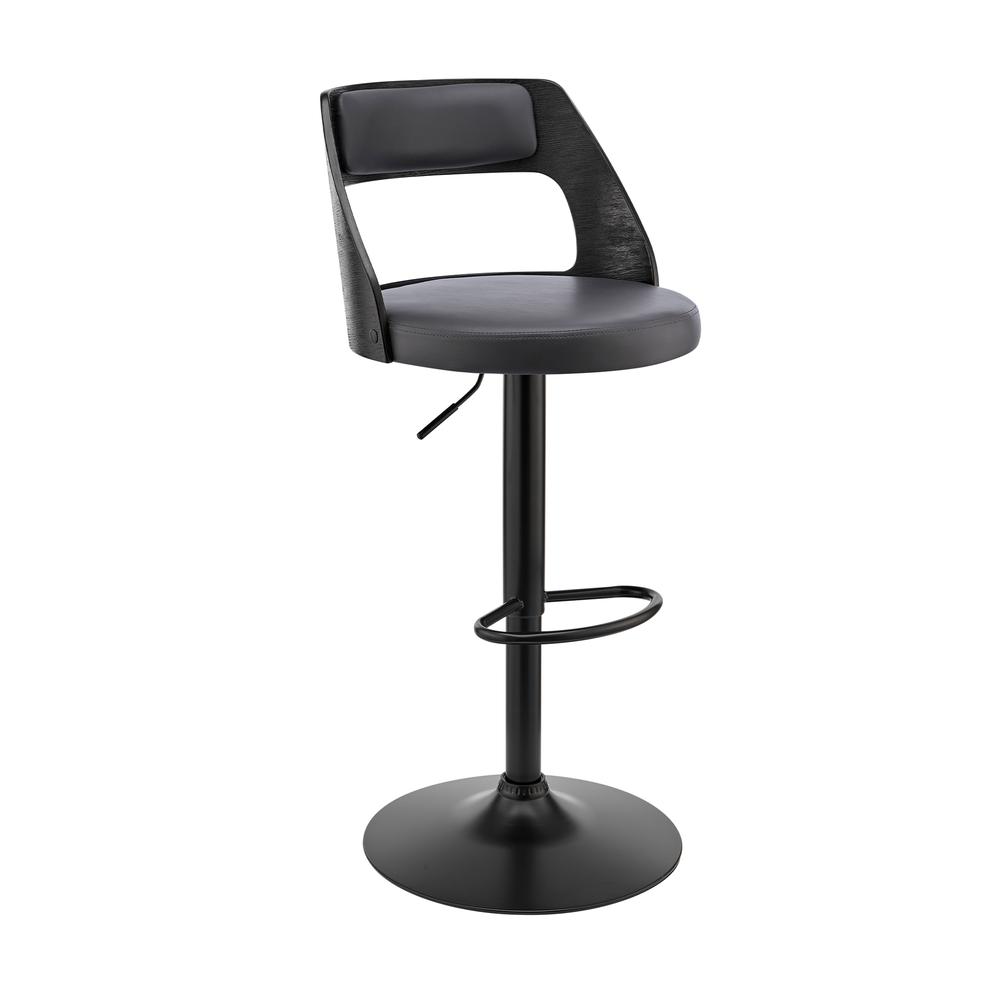 Itzan Adjustable Swivel Grey Faux Leather and Black Wood Bar Stool with Black Base. Picture 1