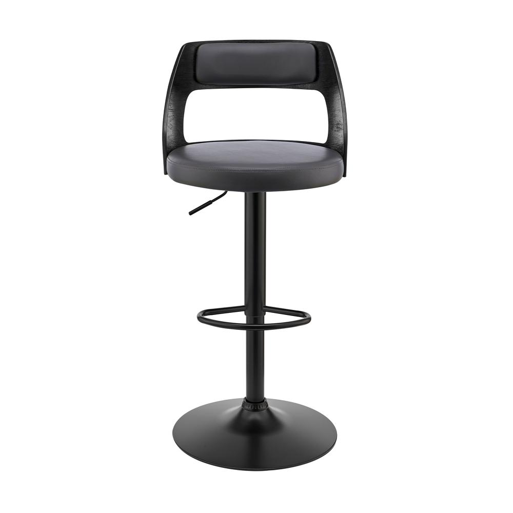Itzan Adjustable Swivel Grey Faux Leather and Black Wood Bar Stool with Black Base. Picture 2