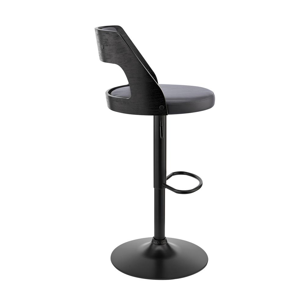 Itzan Adjustable Swivel Grey Faux Leather and Black Wood Bar Stool with Black Base. Picture 3