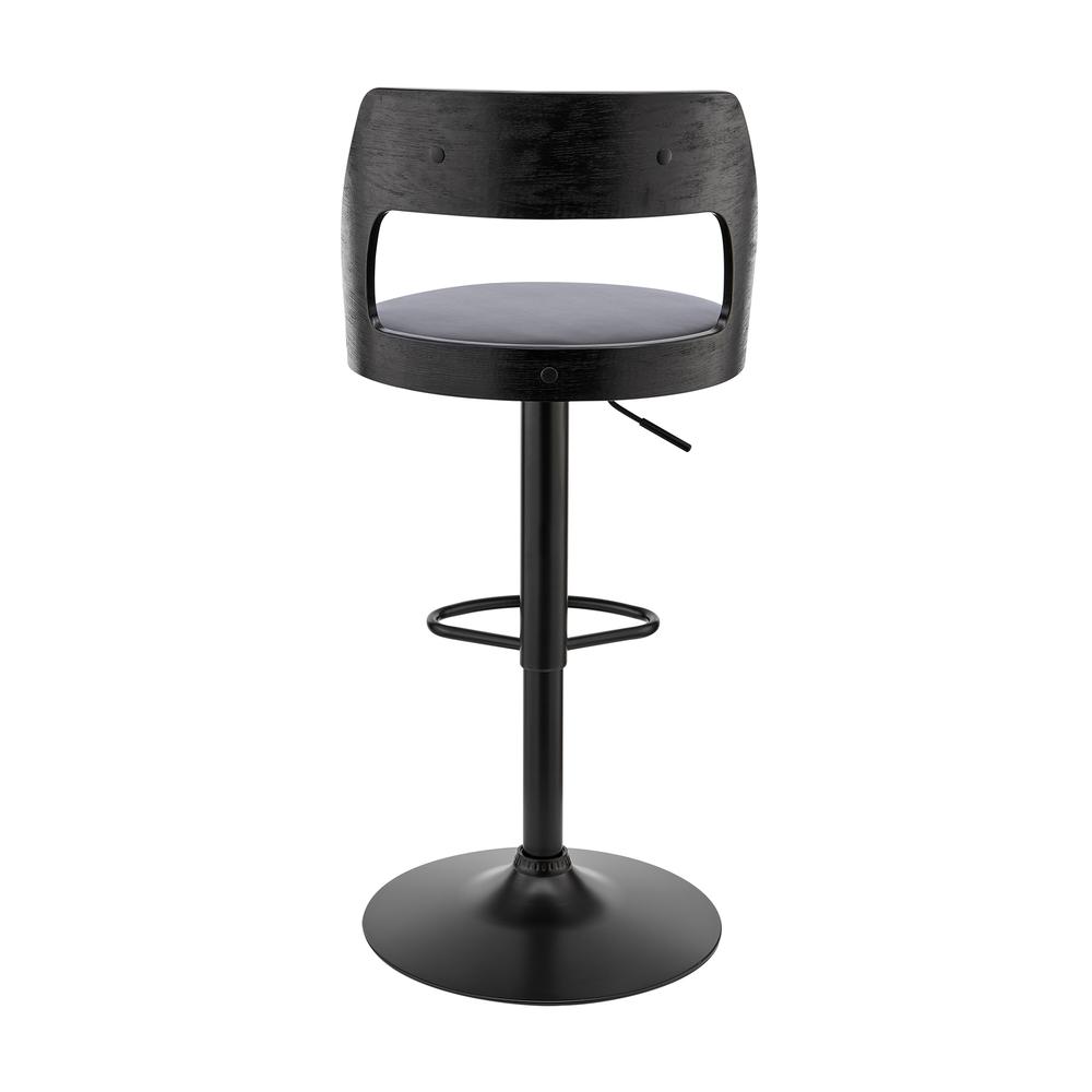 Itzan Adjustable Swivel Grey Faux Leather and Black Wood Bar Stool with Black Base. Picture 5