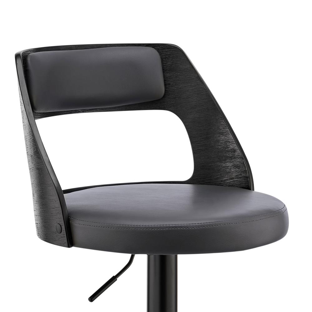 Itzan Adjustable Swivel Grey Faux Leather and Black Wood Bar Stool with Black Base. Picture 6
