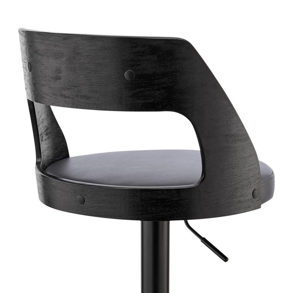 Itzan Adjustable Swivel Grey Faux Leather and Black Wood Bar Stool with Black Base. Picture 7