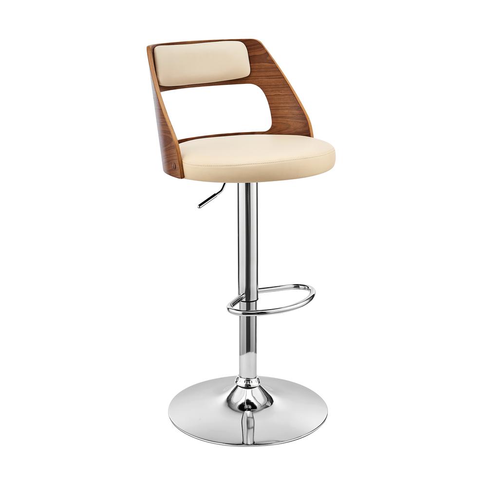 Itzan Adjustable Swivel Cream Faux Leather and Walnut Wood Bar Stool with Chrome Base. Picture 1