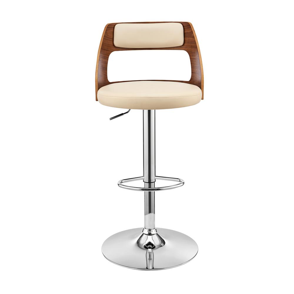 Itzan Adjustable Swivel Cream Faux Leather and Walnut Wood Bar Stool with Chrome Base. Picture 2
