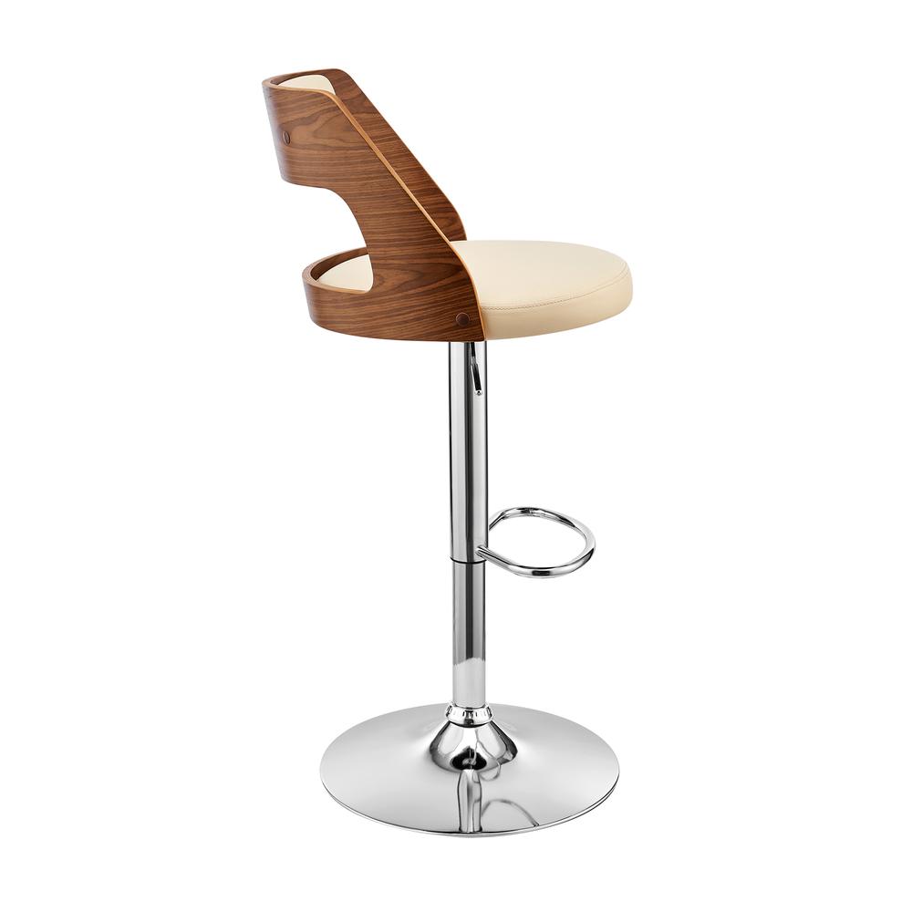 Itzan Adjustable Swivel Cream Faux Leather and Walnut Wood Bar Stool with Chrome Base. Picture 3