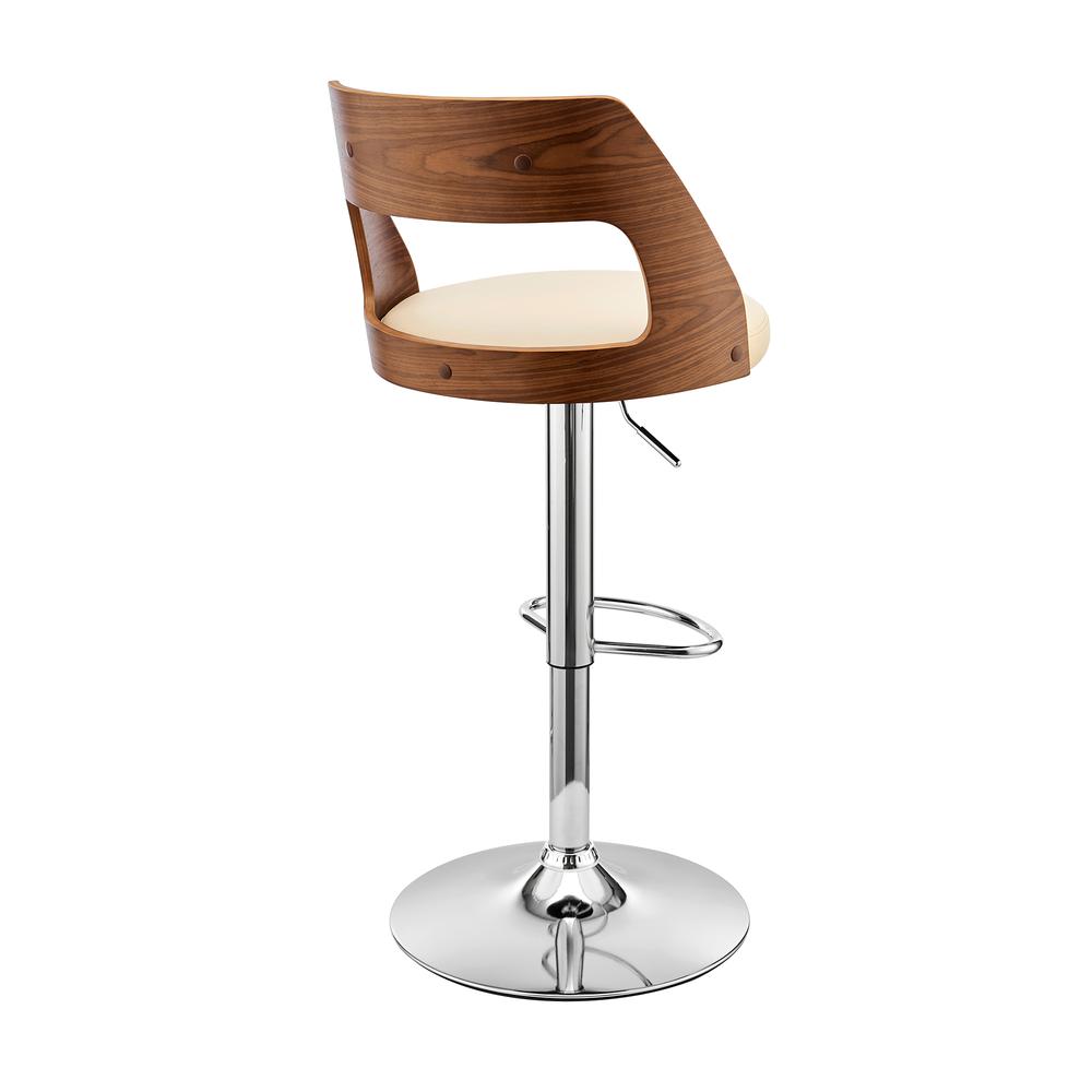 Itzan Adjustable Swivel Cream Faux Leather and Walnut Wood Bar Stool with Chrome Base. Picture 4